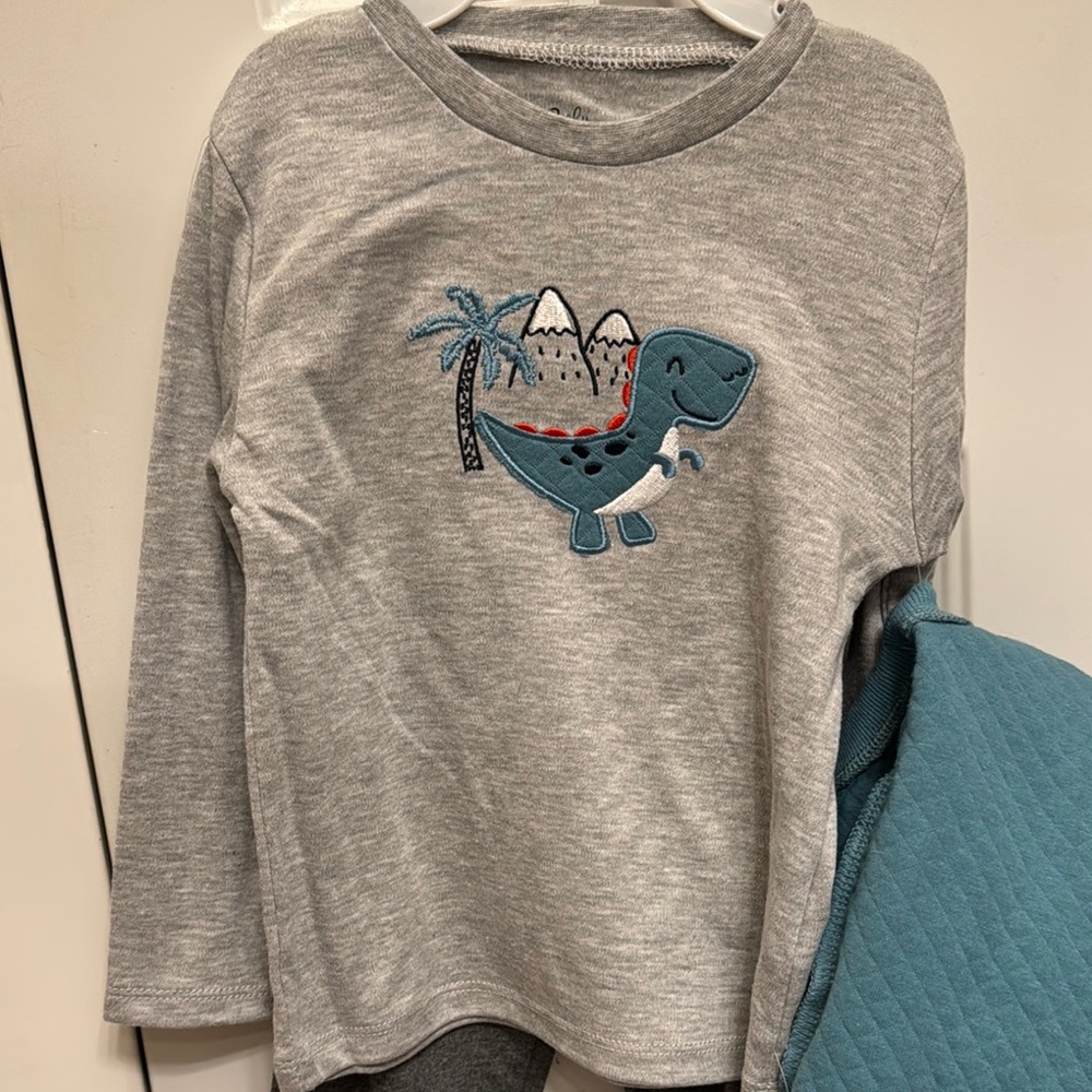 🦖 NWT Teal & Gray Quilted Dino Vest Outfit Set - Picture 4 of 8